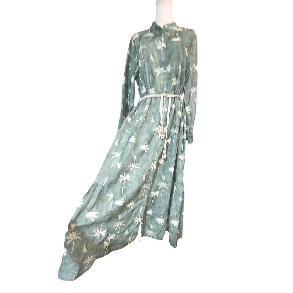 Francesca Bettini Italy Linen Blend Dress Palm Print Maxi Shirt Button Front - Picture 7 of 9